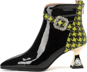 TinaCus Women's Patent Leather Handmade Pointy Toe Rhinestone Mid Heel Mixed Colors Zip Up Ankle Boots with Buckle