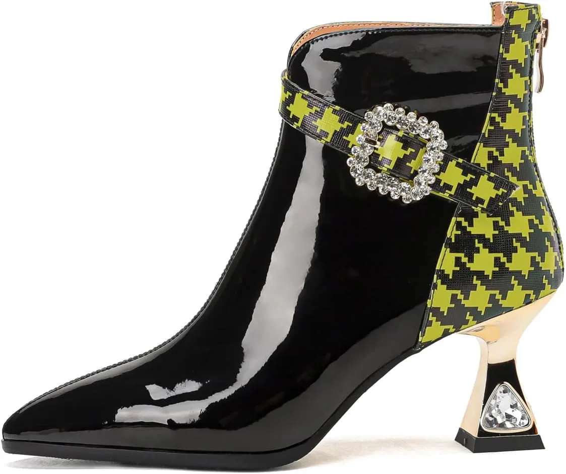 TinaCus Women's Patent Leather Handmade Pointy Toe Rhinestone Mid Heel Mixed Colors Zip Up Ankle Boots with Buckle