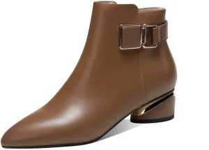 TinaCus Women's Pointed Toe Genuine Leather Handmade Buckle Low Chunky Heels Side Zip Up Stylish Ankle Boots