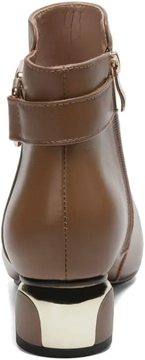 TinaCus Women's Pointed Toe Genuine Leather Handmade Buckle Low Chunky Heels Side Zip Up Stylish Ankle Boots