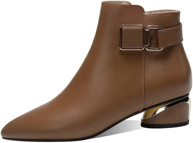 TinaCus Women's Pointed Toe Genuine Leather Handmade Buckle Low Chunky Heels Side Zip Up Stylish Ankle Boots