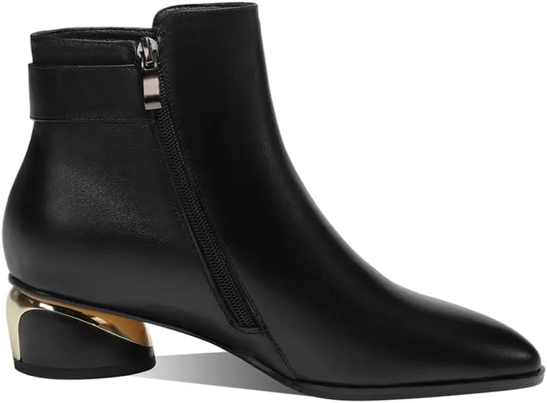 TinaCus Women's Pointed Toe Genuine Leather Handmade Buckle Low Chunky Heels Side Zip Up Stylish Ankle Boots