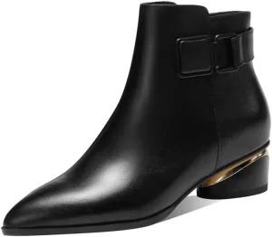 TinaCus Women's Pointed Toe Genuine Leather Handmade Buckle Low Chunky Heels Side Zip Up Stylish Ankle Boots