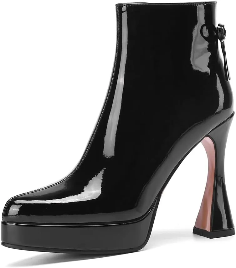 TinaCus Women's Pointed Toe Glossy Patent Leather Handmade Platform Zip Up High Heels Ankle Boots with Bowtie