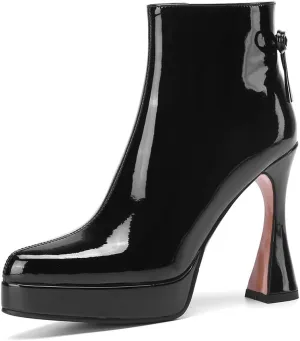 TinaCus Women's Pointed Toe Glossy Patent Leather Handmade Platform Zip Up High Heels Ankle Boots with Bowtie
