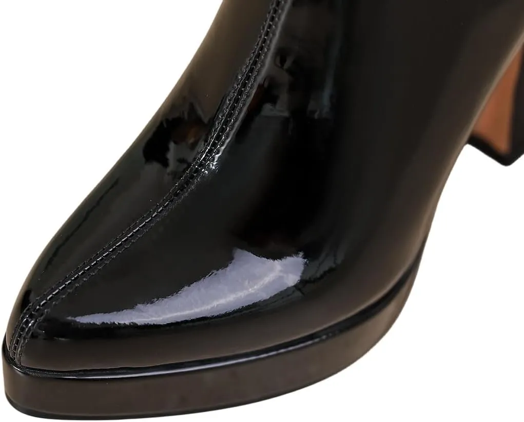 TinaCus Women's Pointed Toe Glossy Patent Leather Handmade Platform Zip Up High Heels Ankle Boots with Bowtie