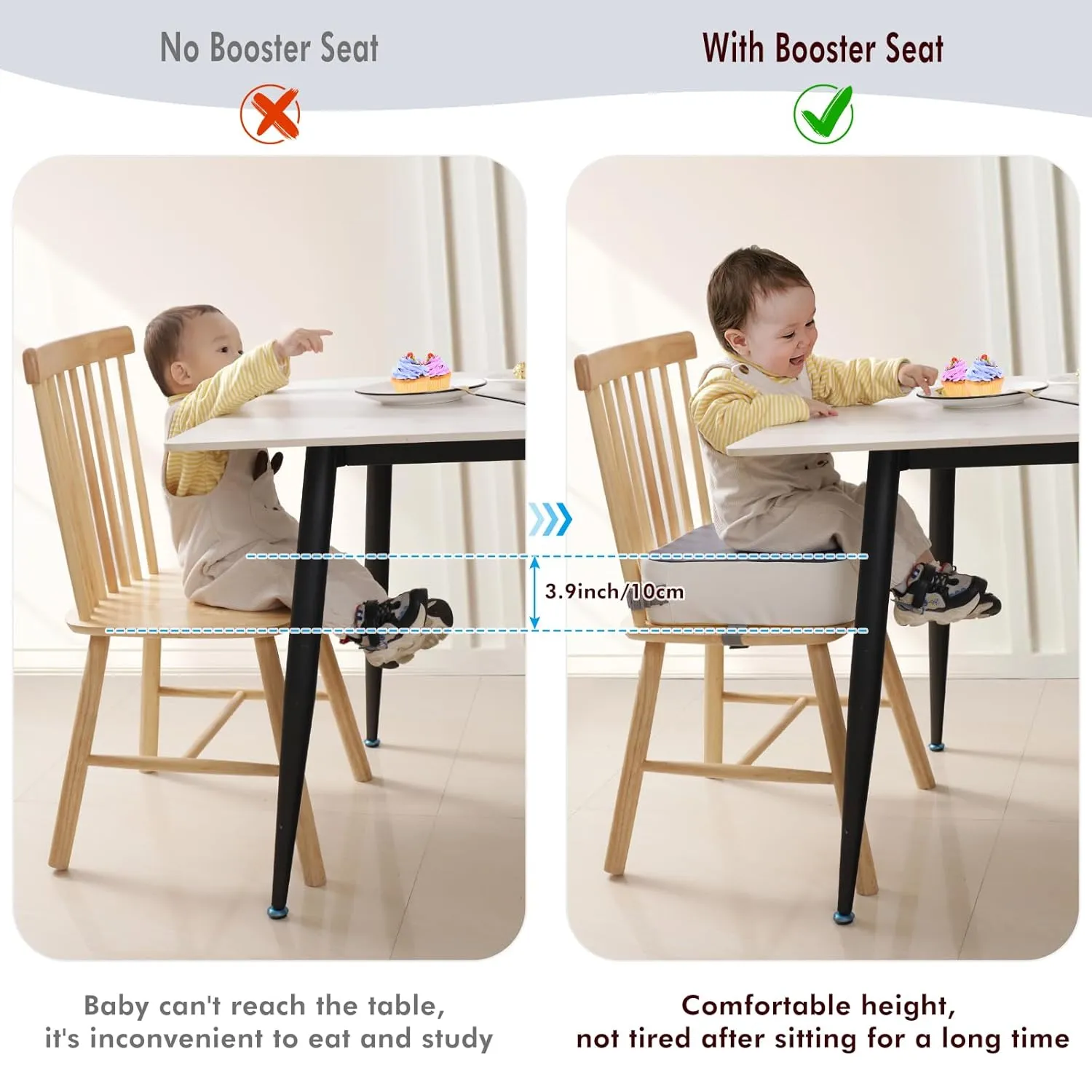 Toddler Booster Seat for Kitchen Chair, Non-Slip Kids Dining Table Booster Seat with Adjustable Safer Straps, Portable Baby Eating Travel Camping Increasing Cushion