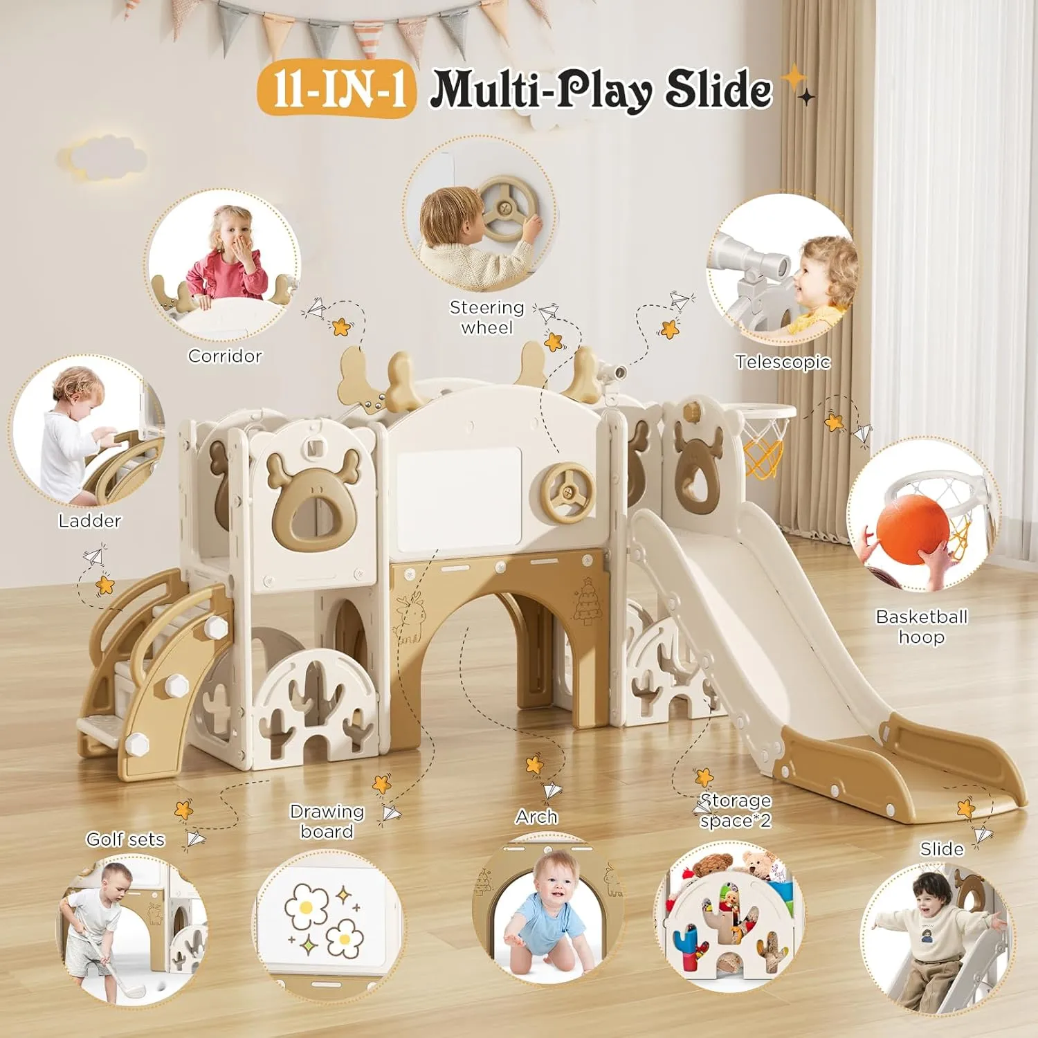 Toddler Slide, 11 in 1 Toddlers Playset New Upgrade with Kids Slide, Drawing Board, Golf Set, Basketball Hoop and Storage Space for Toddler Age 1-3, Backyard Playground Indoor and Outdoor