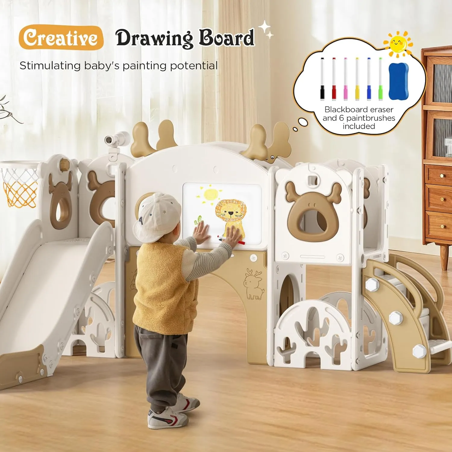 Toddler Slide, 11 in 1 Toddlers Playset New Upgrade with Kids Slide, Drawing Board, Golf Set, Basketball Hoop and Storage Space for Toddler Age 1-3, Backyard Playground Indoor and Outdoor