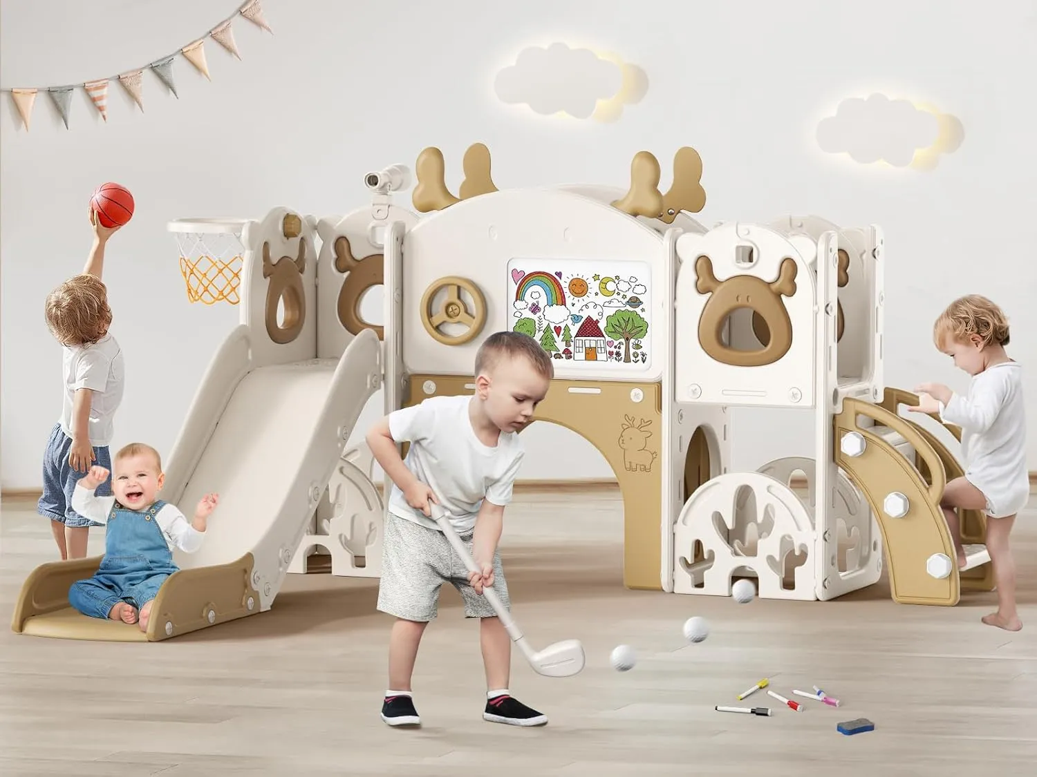 Toddler Slide, 11 in 1 Toddlers Playset New Upgrade with Kids Slide, Drawing Board, Golf Set, Basketball Hoop and Storage Space for Toddler Age 1-3, Backyard Playground Indoor and Outdoor