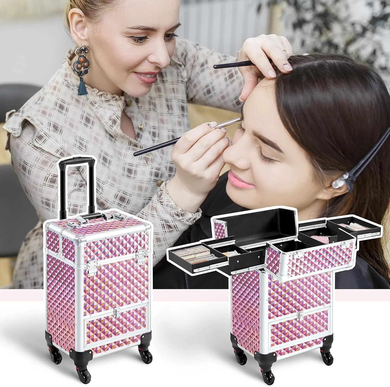 Topeakmart Professional Large Makeup Case Artist Rolling Professional Cosmetic Organizer Trolley Portable Travel Makeup Train Case Big