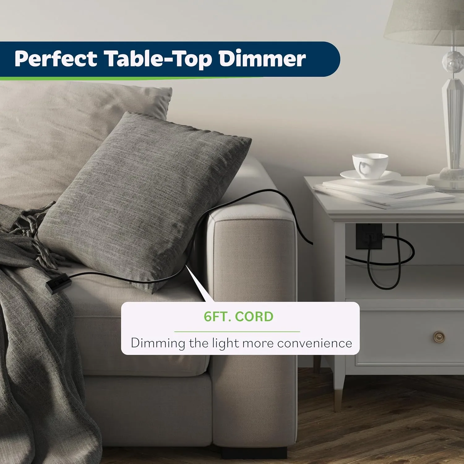 TOPGREENER Table-Top Plug in Dimmer for Table or Floor Lamps, Slide Control, Works with 360 Watt Incandescent/Halogen and 150 Watt Dimmable CFL/LED, Off at Lowest dim, 6ft Cord, TGTTDL300-BK, Black