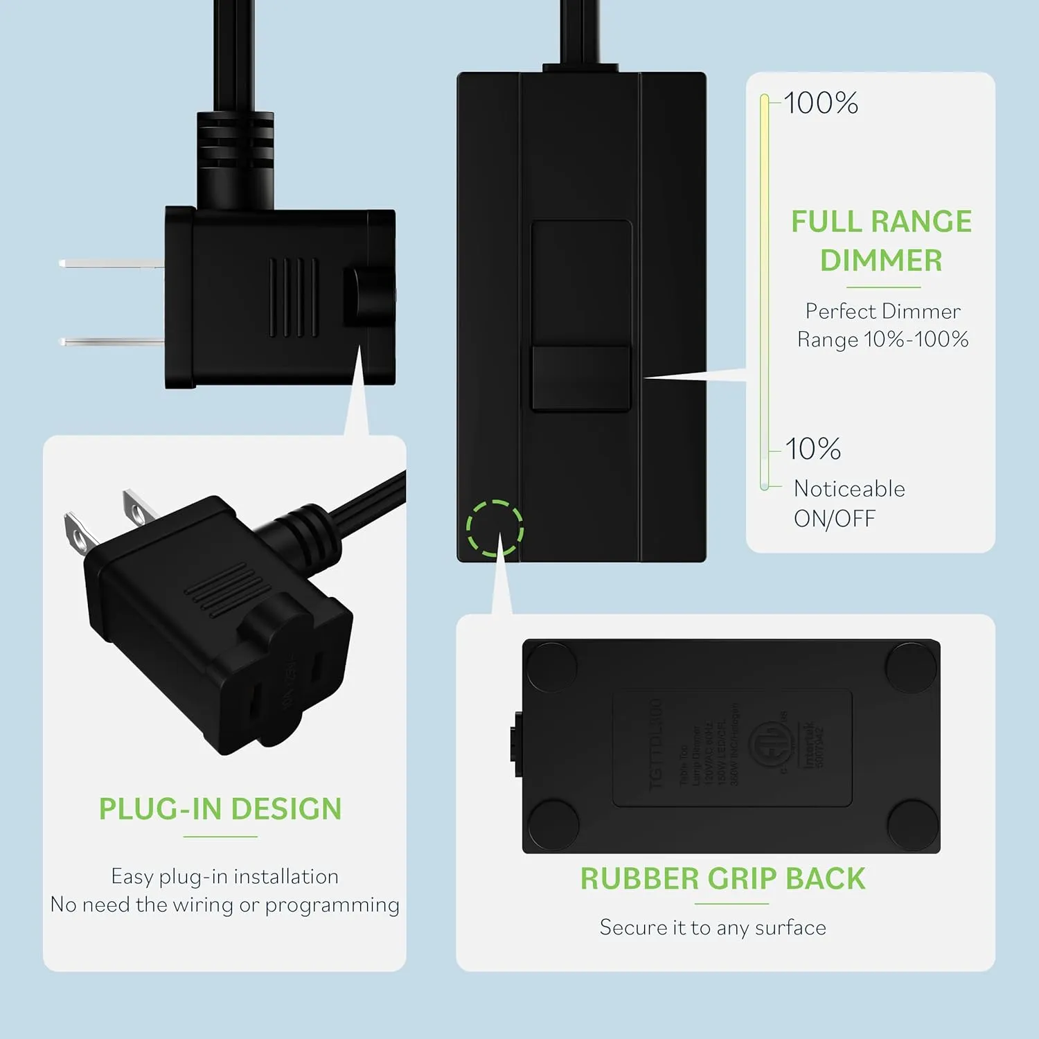 TOPGREENER Table-Top Plug in Dimmer for Table or Floor Lamps, Slide Control, Works with 360 Watt Incandescent/Halogen and 150 Watt Dimmable CFL/LED, Off at Lowest dim, 6ft Cord, TGTTDL300-BK, Black