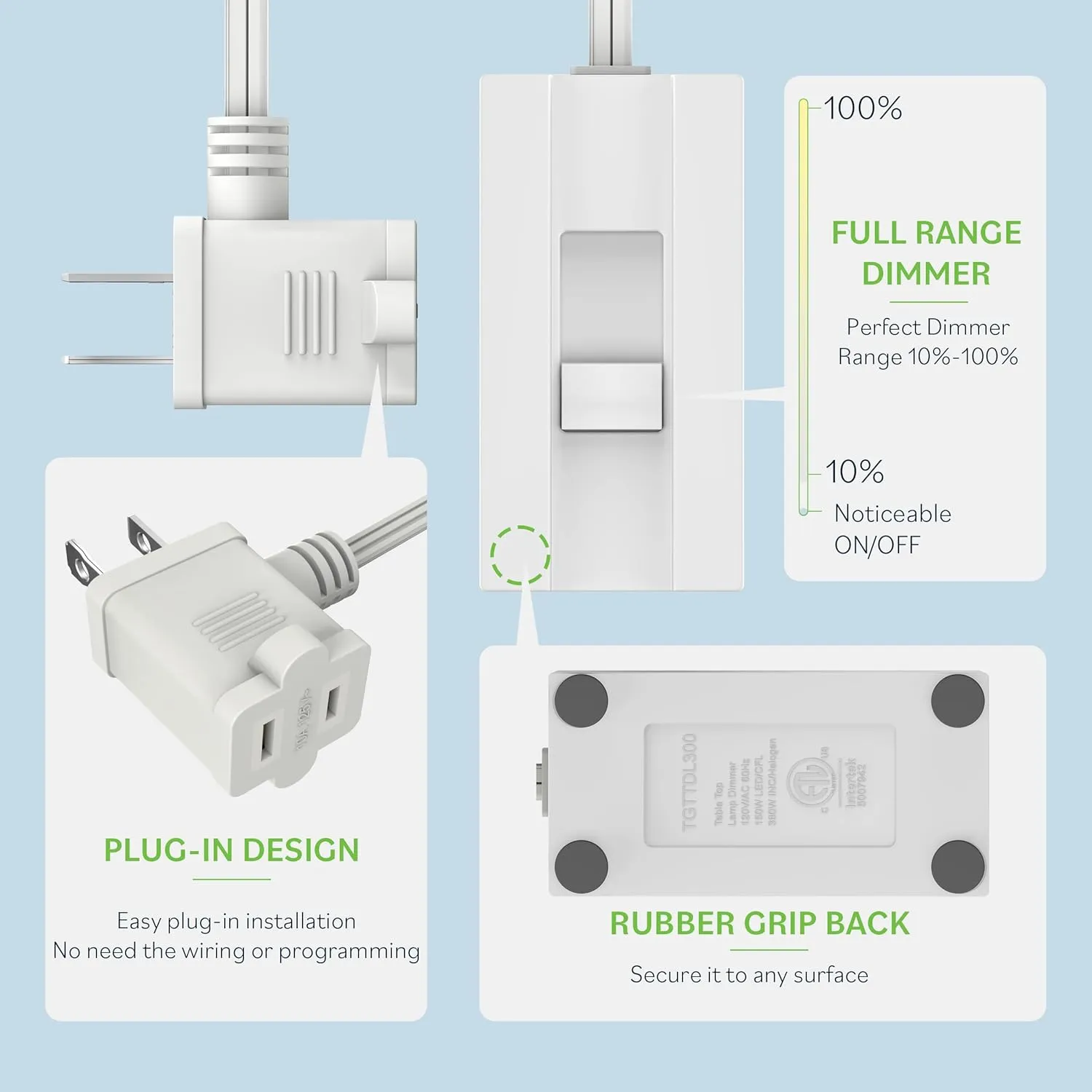 TOPGREENER Table-Top Plug in Dimmer for Table or Floor Lamps, Slide Control, Works with 360 Watt Incandescent/Halogen and 150 Watt Dimmable CFL/LED, Off at Lowest dim, 6ft Cord, TGTTDL300-W, White