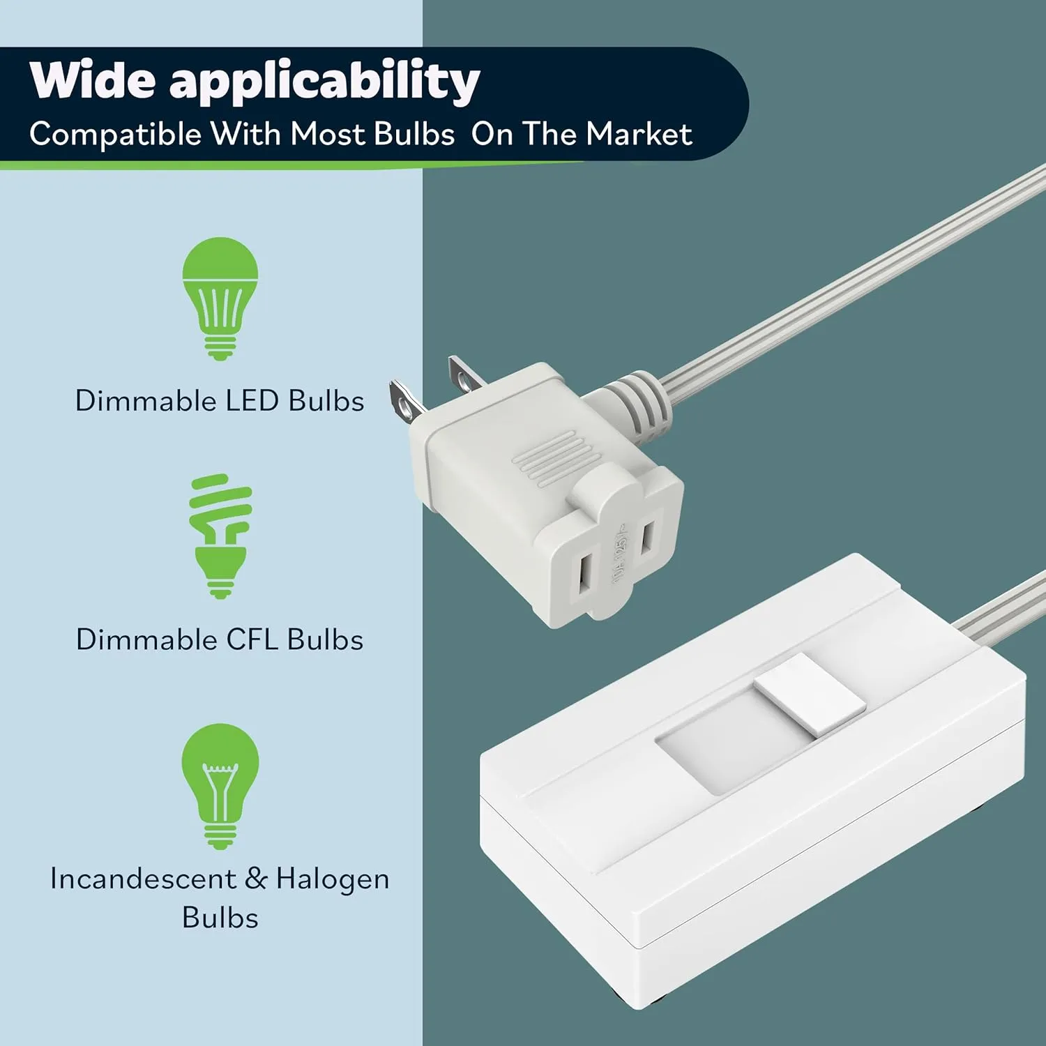 TOPGREENER Table-Top Plug in Dimmer for Table or Floor Lamps, Slide Control, Works with 360 Watt Incandescent/Halogen and 150 Watt Dimmable CFL/LED, Off at Lowest dim, 6ft Cord, TGTTDL300-W, White