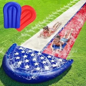 TOY Life Giant American Flag Water Slides for Kids 20FT Waterslide Backyards Lawn with 2 Bodyboards 2 Lane Slip Splash and Slide Summer Toys with Built-in Sprinkler for Backyard Outdoor Water Toys Fun
