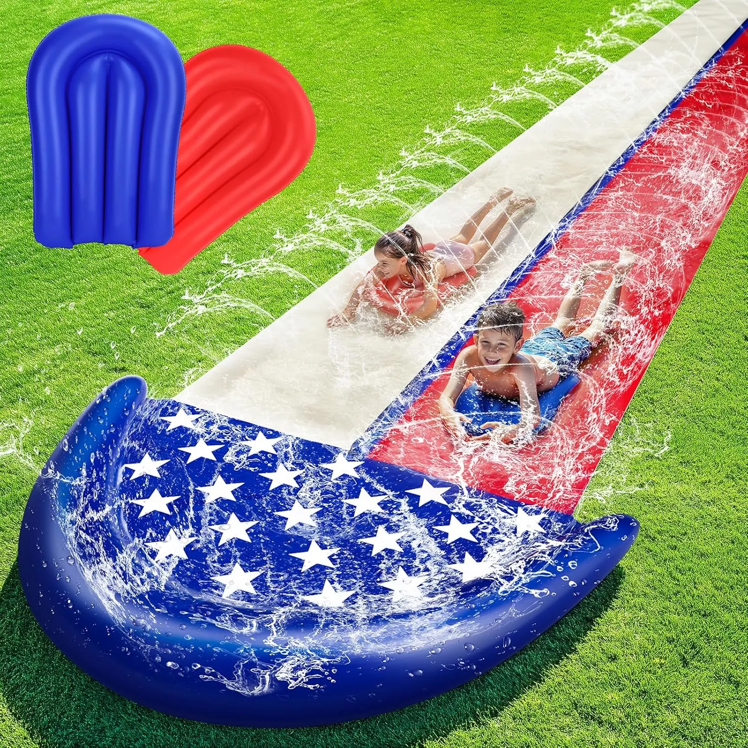 TOY Life Giant American Flag Water Slides for Kids 20FT Waterslide Backyards Lawn with 2 Bodyboards 2 Lane Slip Splash and Slide Summer Toys with Built-in Sprinkler for Backyard Outdoor Water Toys Fun