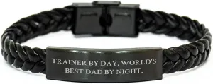 Trainer by Day, World's Best Dad by Night Interlaced Leather Bracelet Funny Gift for Men, Unique Father's Day Present from Friends, Family or Coworkers