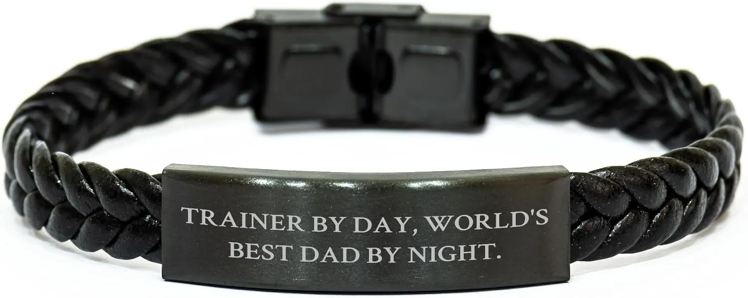 Trainer by Day, World's Best Dad by Night Interlaced Leather Bracelet Funny Gift for Men, Unique Father's Day Present from Friends, Family or Coworkers