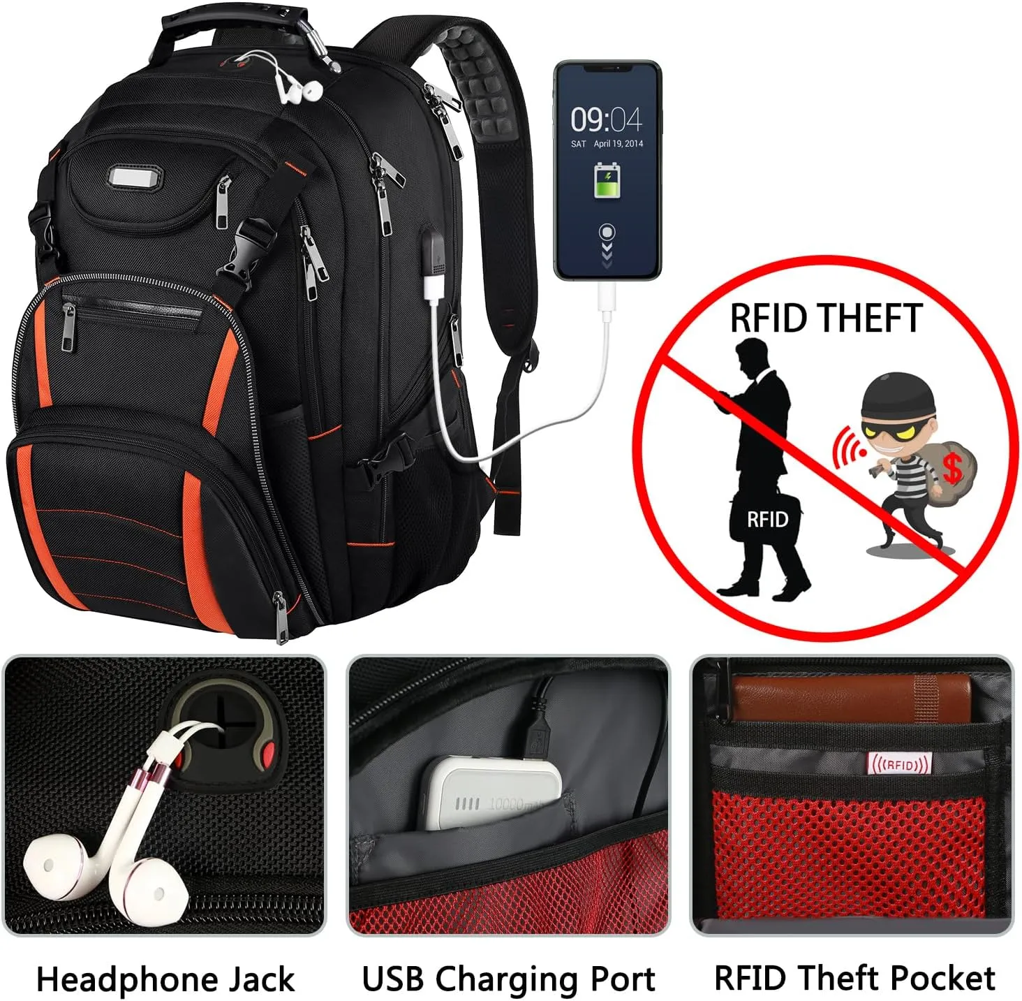 Travel Laptop Backpack,Extra Large 18.4'' Laptop Backpack,RFID Anti Theft,Back Chest Strap,TSA Friendly Men,Women Backpack USB Charging Port,Water Resistant College School Computer Bookbag Rugby Bag