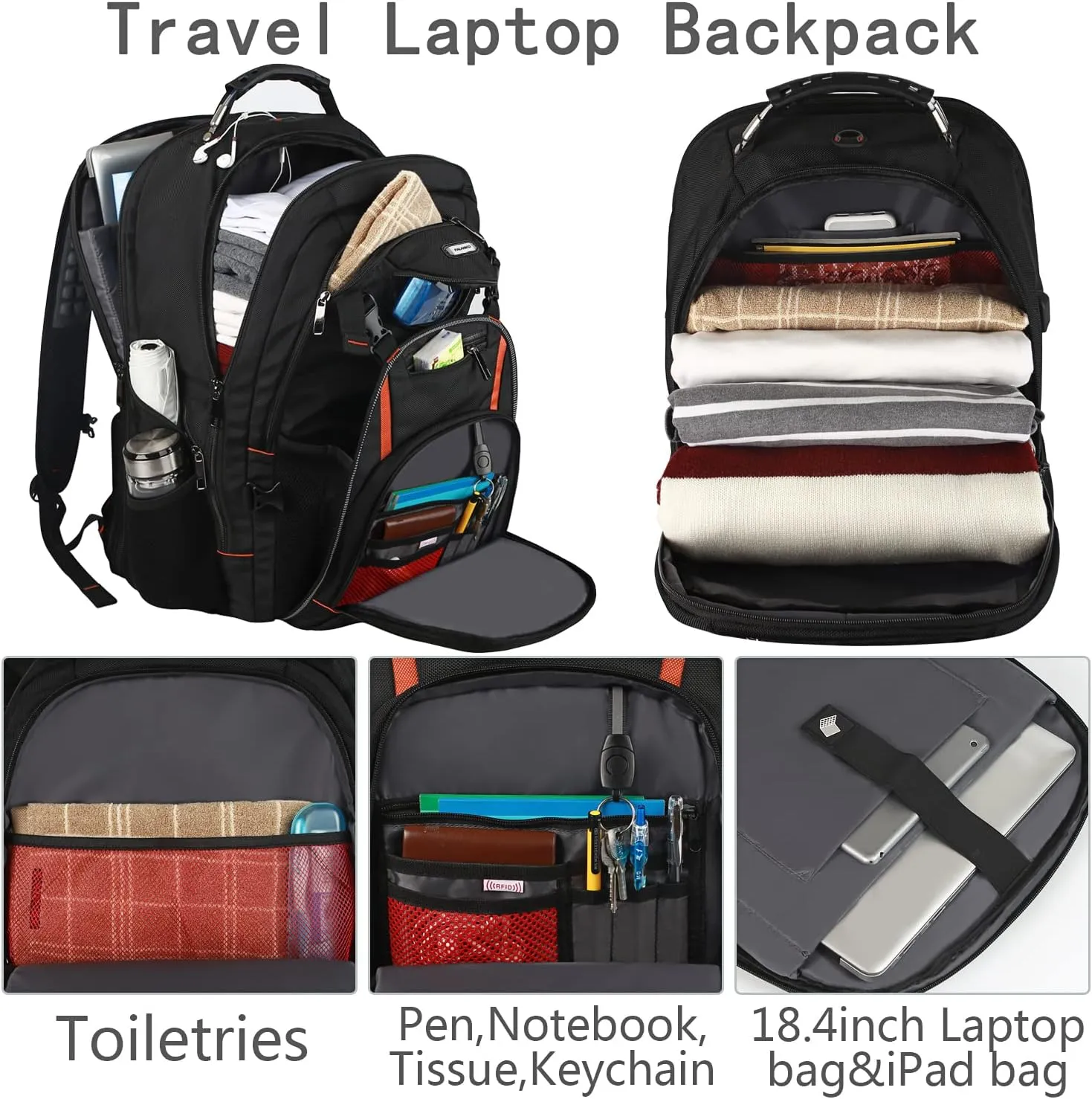 Travel Laptop Backpack,Extra Large 18.4'' Laptop Backpack,RFID Anti Theft,Back Chest Strap,TSA Friendly Men,Women Backpack USB Charging Port,Water Resistant College School Computer Bookbag Rugby Bag