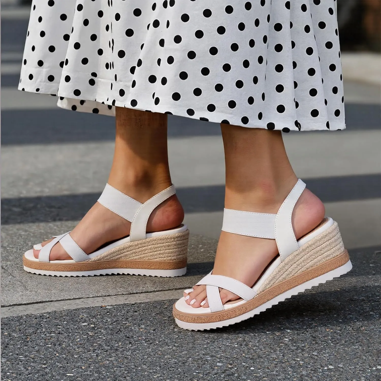 Tscoyuki Wedge Sandals for Women, Comfortable Slip On Open Toe Wedges Heels Dressy Elastic Ankle Strap Espadrilles Sandals