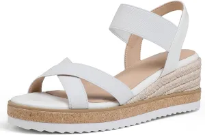 Tscoyuki Wedge Sandals for Women, Comfortable Slip On Open Toe Wedges Heels Dressy Elastic Ankle Strap Espadrilles Sandals