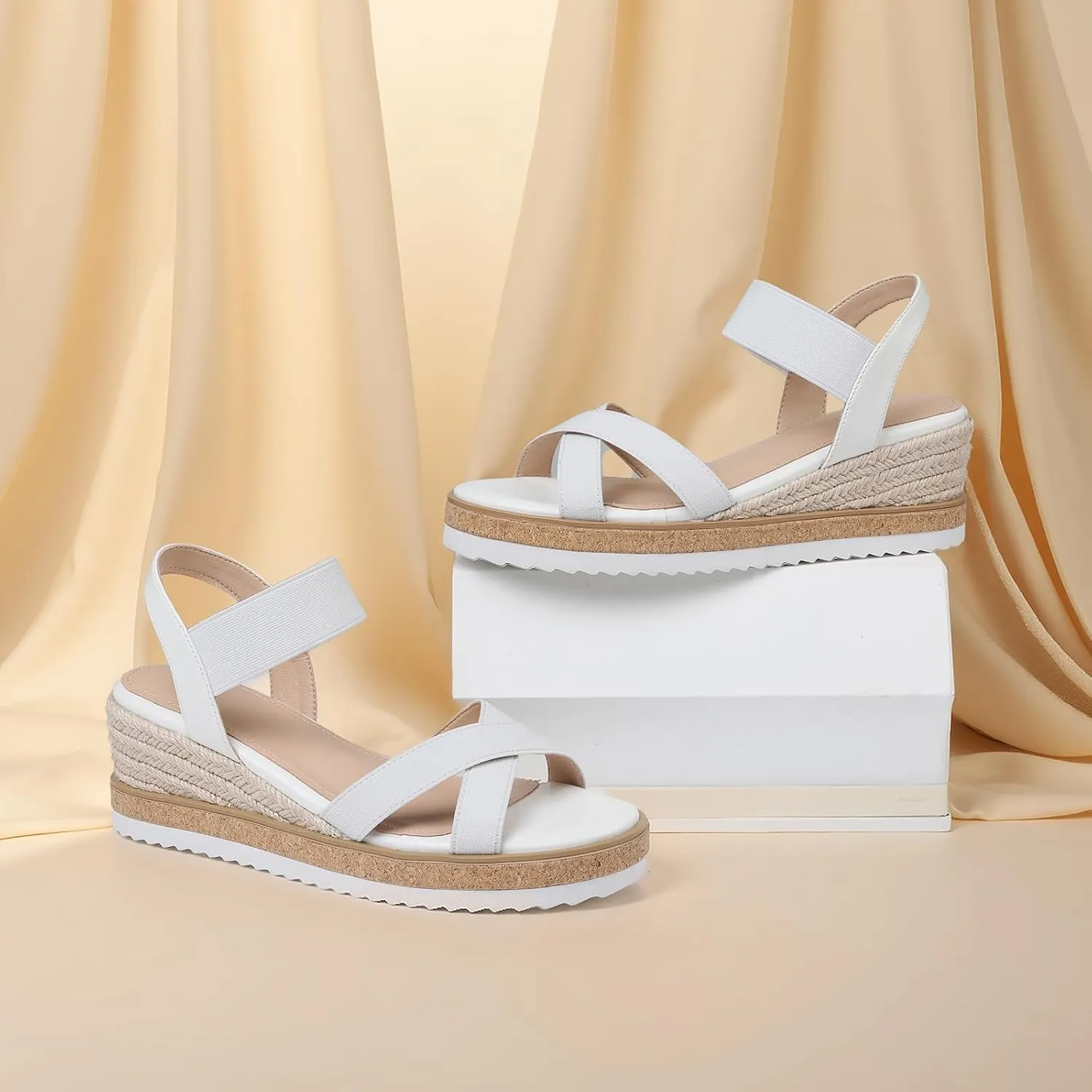 Tscoyuki Wedge Sandals for Women, Comfortable Slip On Open Toe Wedges Heels Dressy Elastic Ankle Strap Espadrilles Sandals