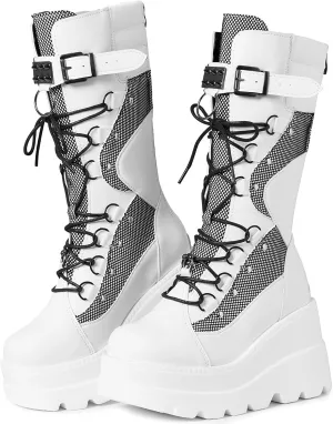 Tscoyuki Womens Goth Platform Boots Chunky Wedge Heel Rave Combat Boots Lace Up and Zipper Round Toe Mid Calf Boot for Concert Festival