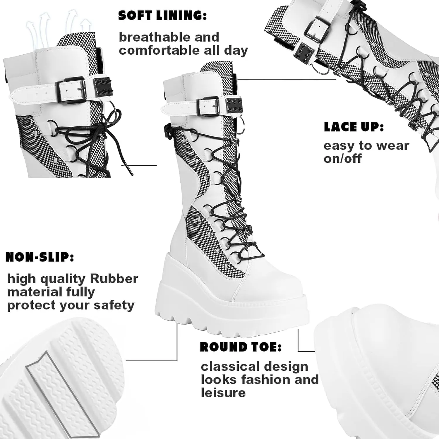 Tscoyuki Womens Goth Platform Boots Chunky Wedge Heel Rave Combat Boots Lace Up and Zipper Round Toe Mid Calf Boot for Concert Festival
