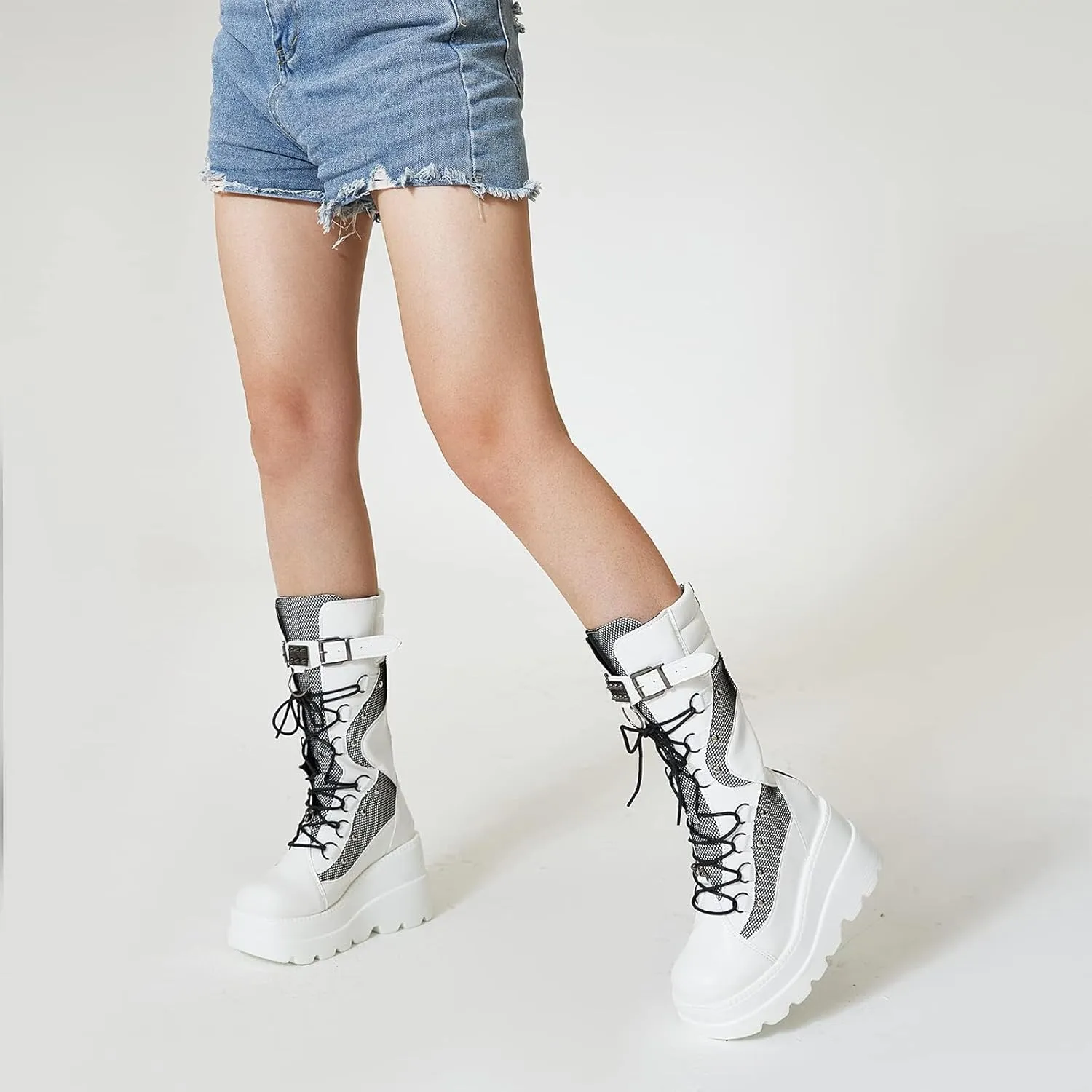 Tscoyuki Womens Goth Platform Boots Chunky Wedge Heel Rave Combat Boots Lace Up and Zipper Round Toe Mid Calf Boot for Concert Festival