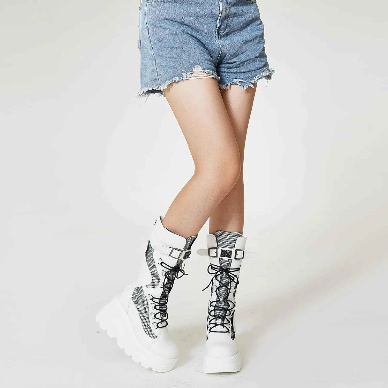 Tscoyuki Womens Goth Platform Boots Chunky Wedge Heel Rave Combat Boots Lace Up and Zipper Round Toe Mid Calf Boot for Concert Festival