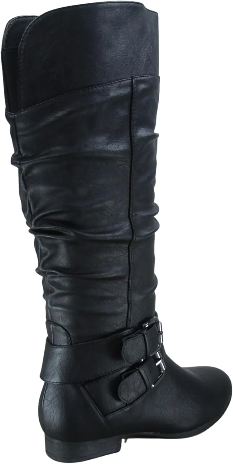 TZ Lily-20 Women's Knee High Riding Boots Low Flat Heel Winter Side Zip Buckles Boots Shoes