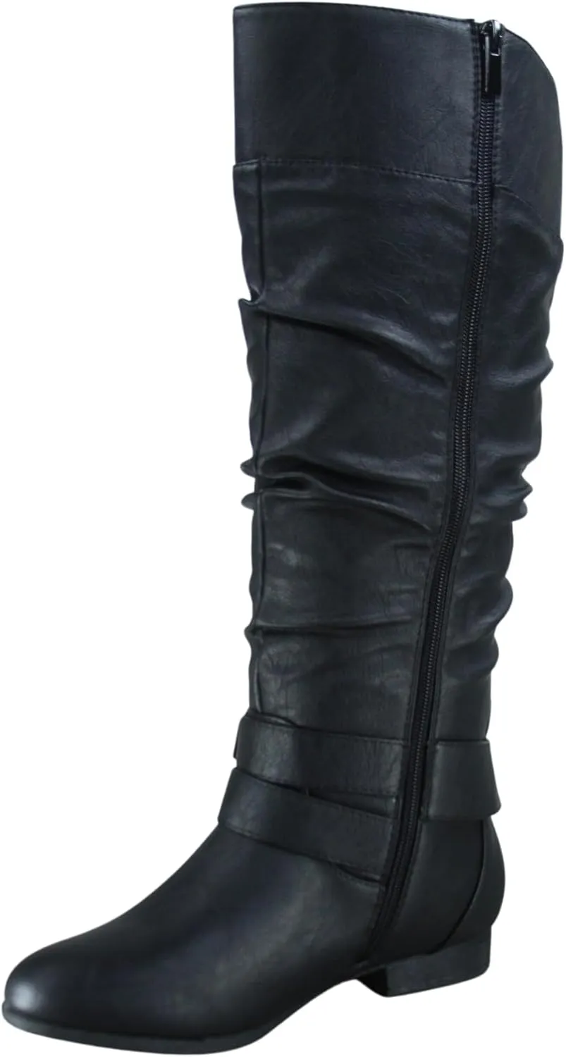 TZ Lily-20 Women's Knee High Riding Boots Low Flat Heel Winter Side Zip Buckles Boots Shoes