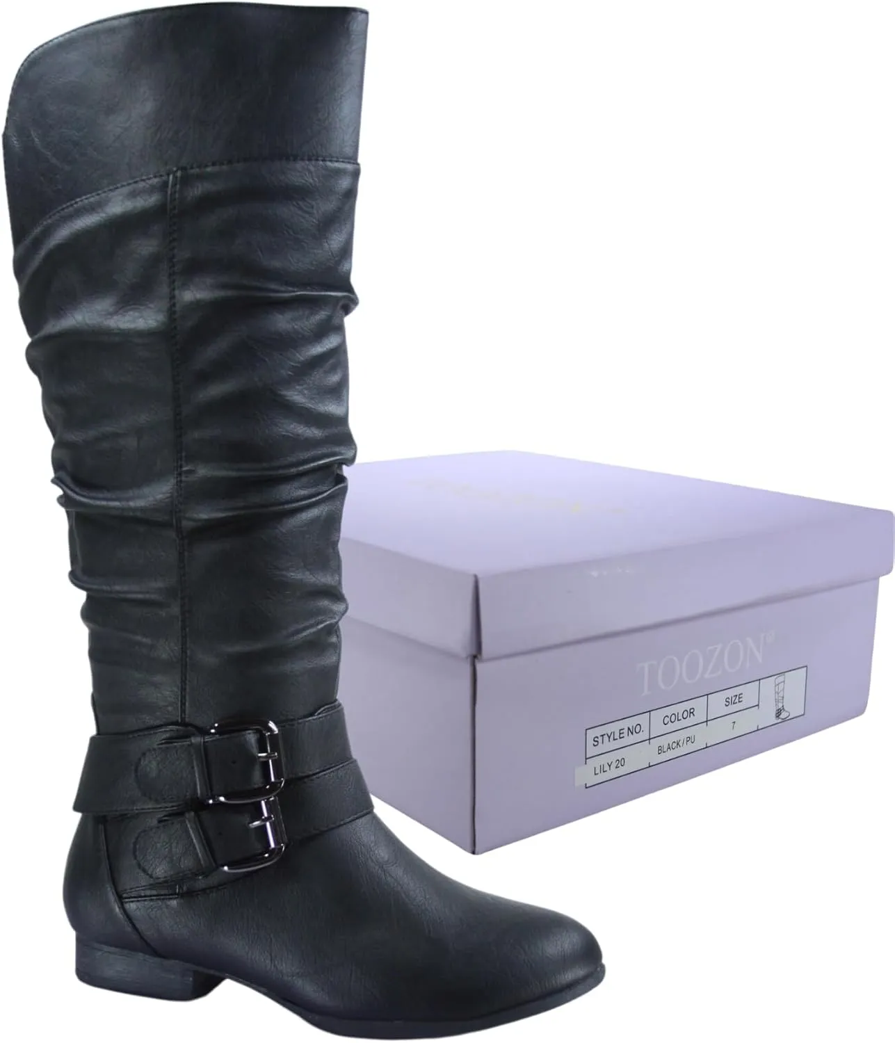 TZ Lily-20 Women's Knee High Riding Boots Low Flat Heel Winter Side Zip Buckles Boots Shoes