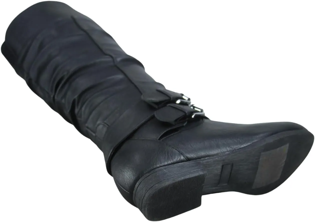 TZ Lily-20 Women's Knee High Riding Boots Low Flat Heel Winter Side Zip Buckles Boots Shoes