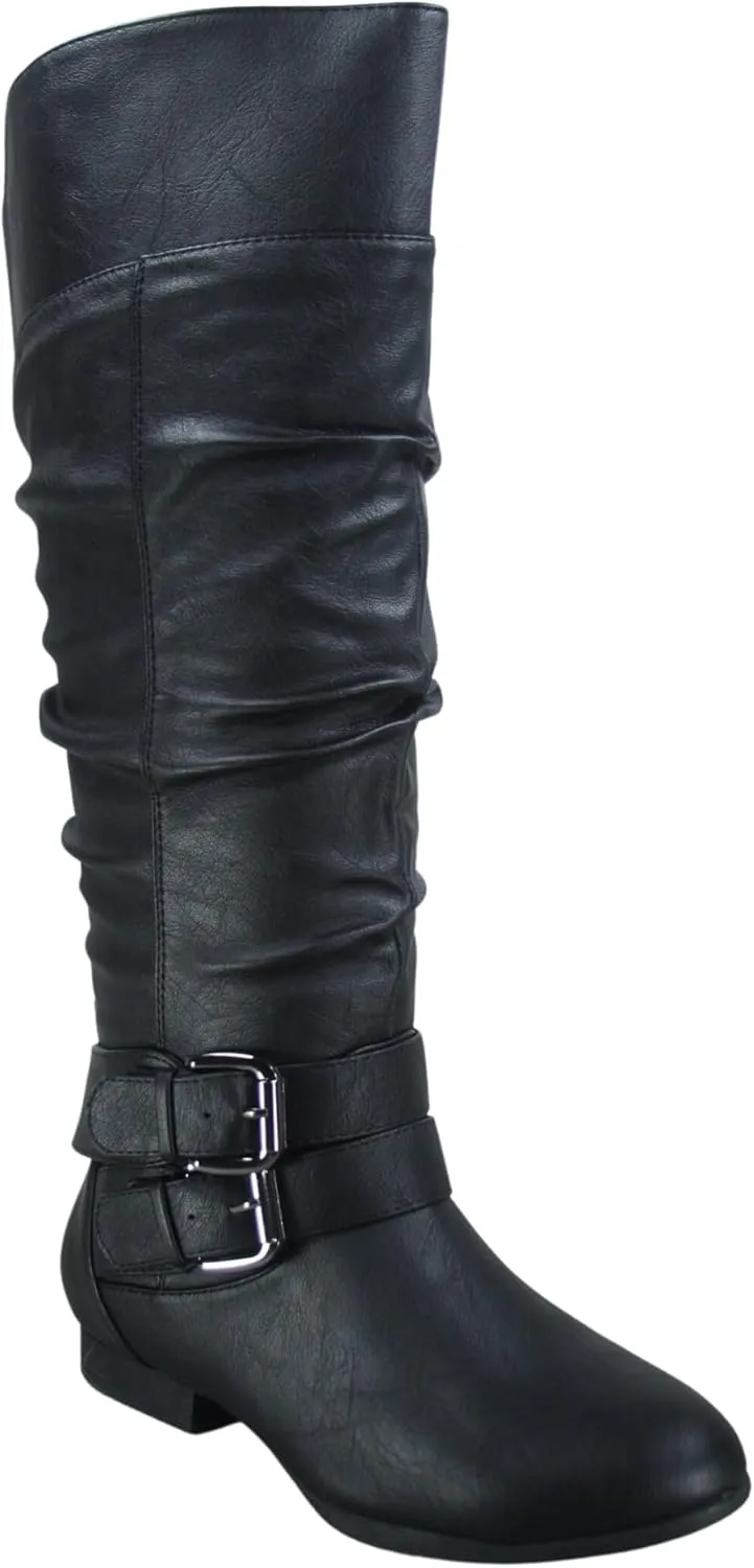 TZ Lily-20 Women's Knee High Riding Boots Low Flat Heel Winter Side Zip Buckles Boots Shoes