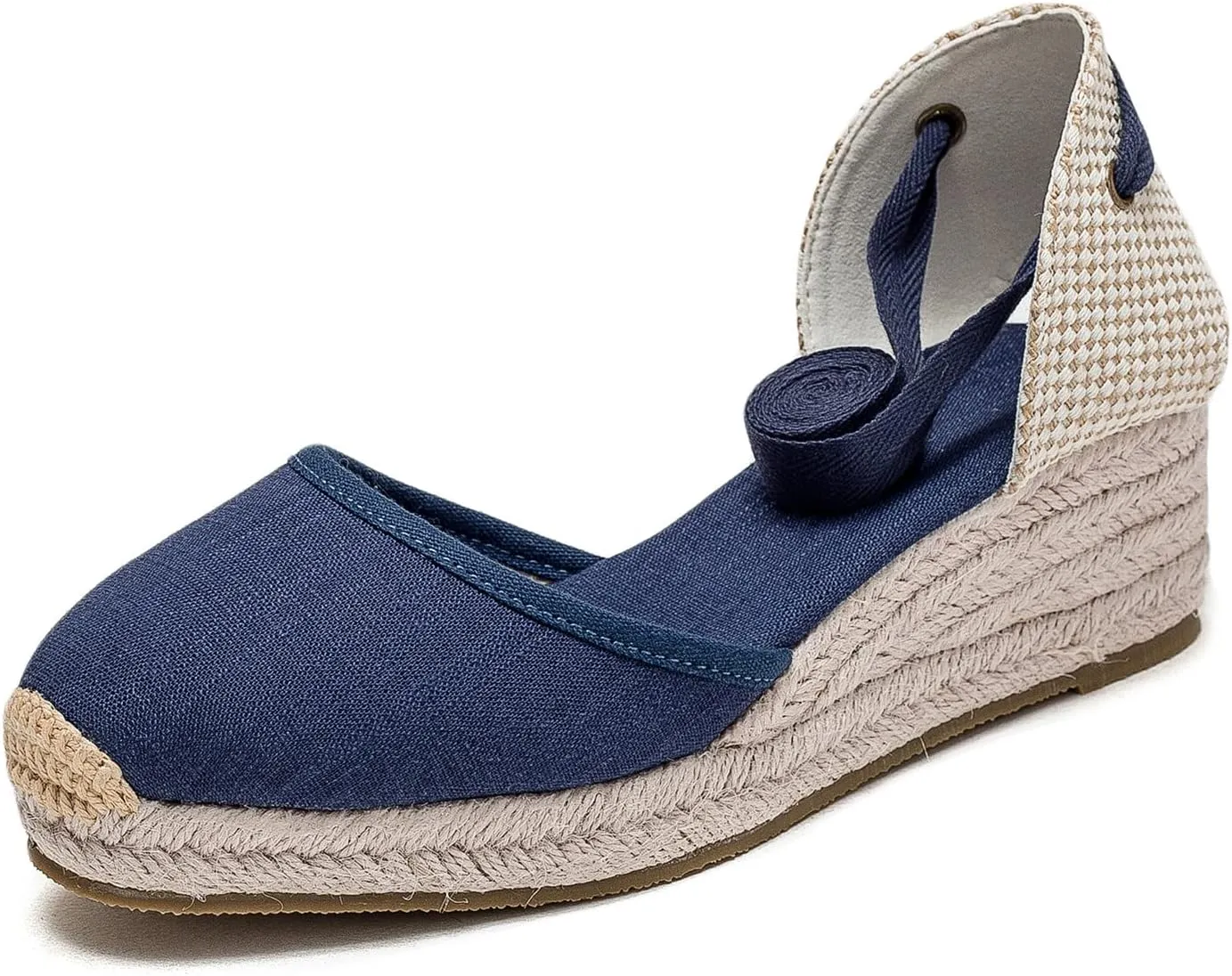 U-lite Womens Platform Wedge Sandals Espadrilles Closed Toe Ankle Strap Lace Up Ankle-Tie Strap Classic Espadrille Heel Blue 6.5