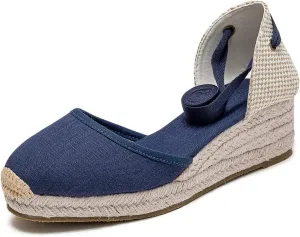U-lite Womens Platform Wedge Sandals Espadrilles Closed Toe Ankle Strap Lace Up Ankle-Tie Strap Classic Espadrille Heel Blue 6.5