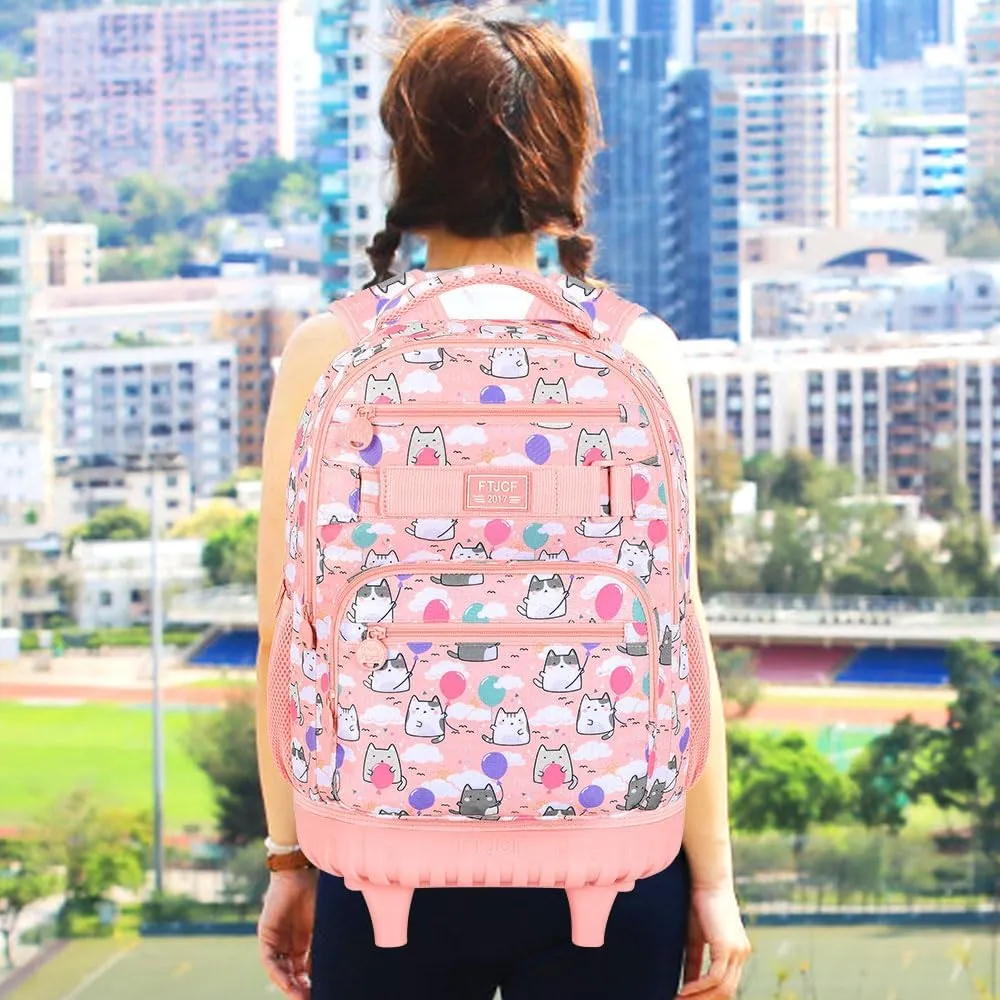 UFNDC 3PCS Girls Rolling Backpack, Women Pink Cloudy Cat Backpacks with Wheels，Water-Resistant Travel Roller Wheeled Bookbag