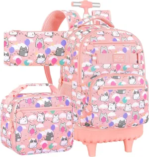UFNDC 3PCS Girls Rolling Backpack, Women Pink Cloudy Cat Backpacks with Wheels，Water-Resistant Travel Roller Wheeled Bookbag