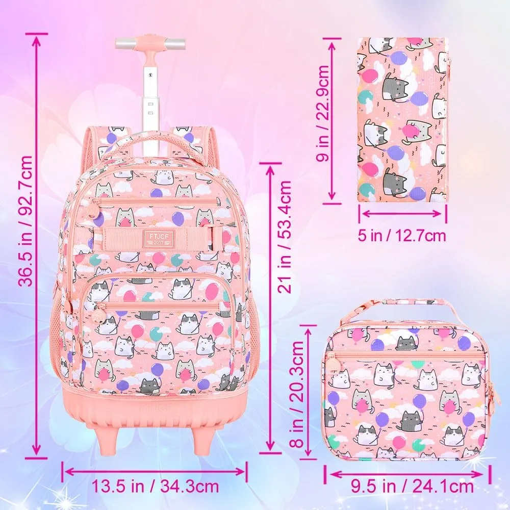 UFNDC 3PCS Girls Rolling Backpack, Women Pink Cloudy Cat Backpacks with Wheels，Water-Resistant Travel Roller Wheeled Bookbag