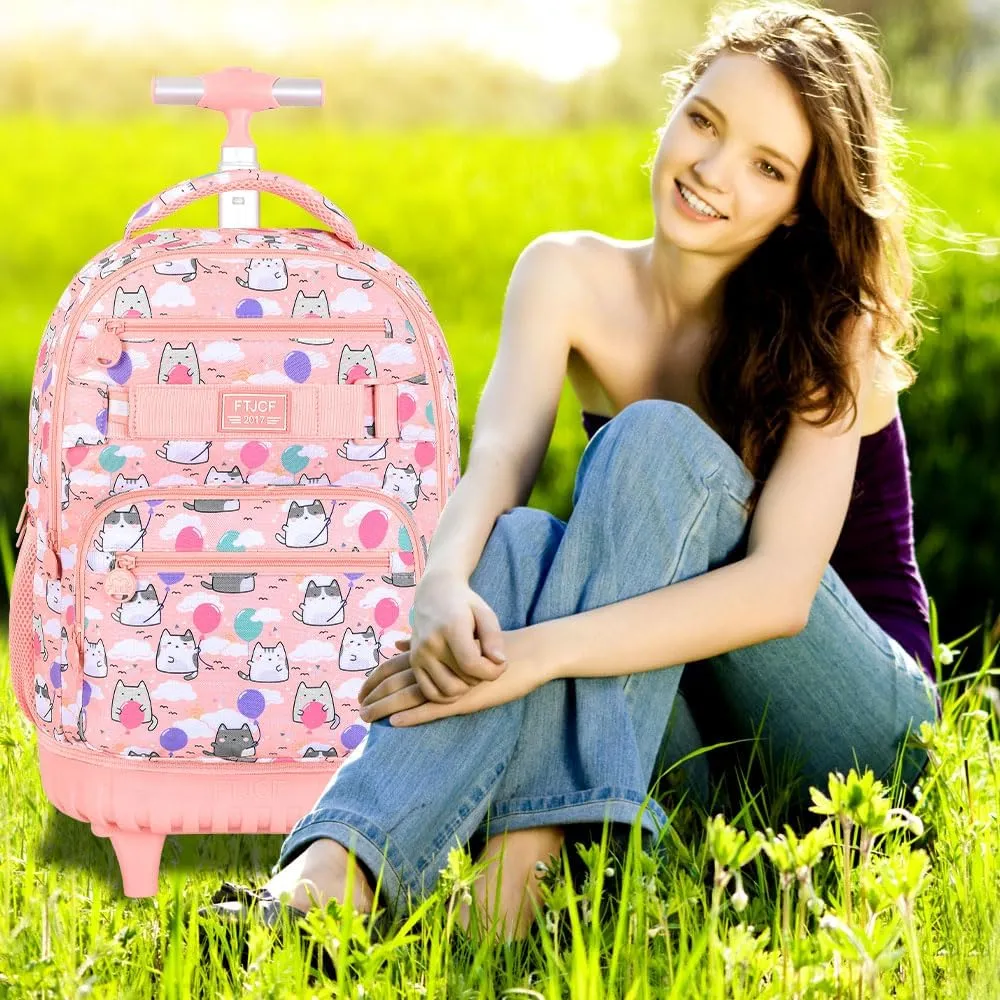 UFNDC 3PCS Girls Rolling Backpack, Women Pink Cloudy Cat Backpacks with Wheels，Water-Resistant Travel Roller Wheeled Bookbag