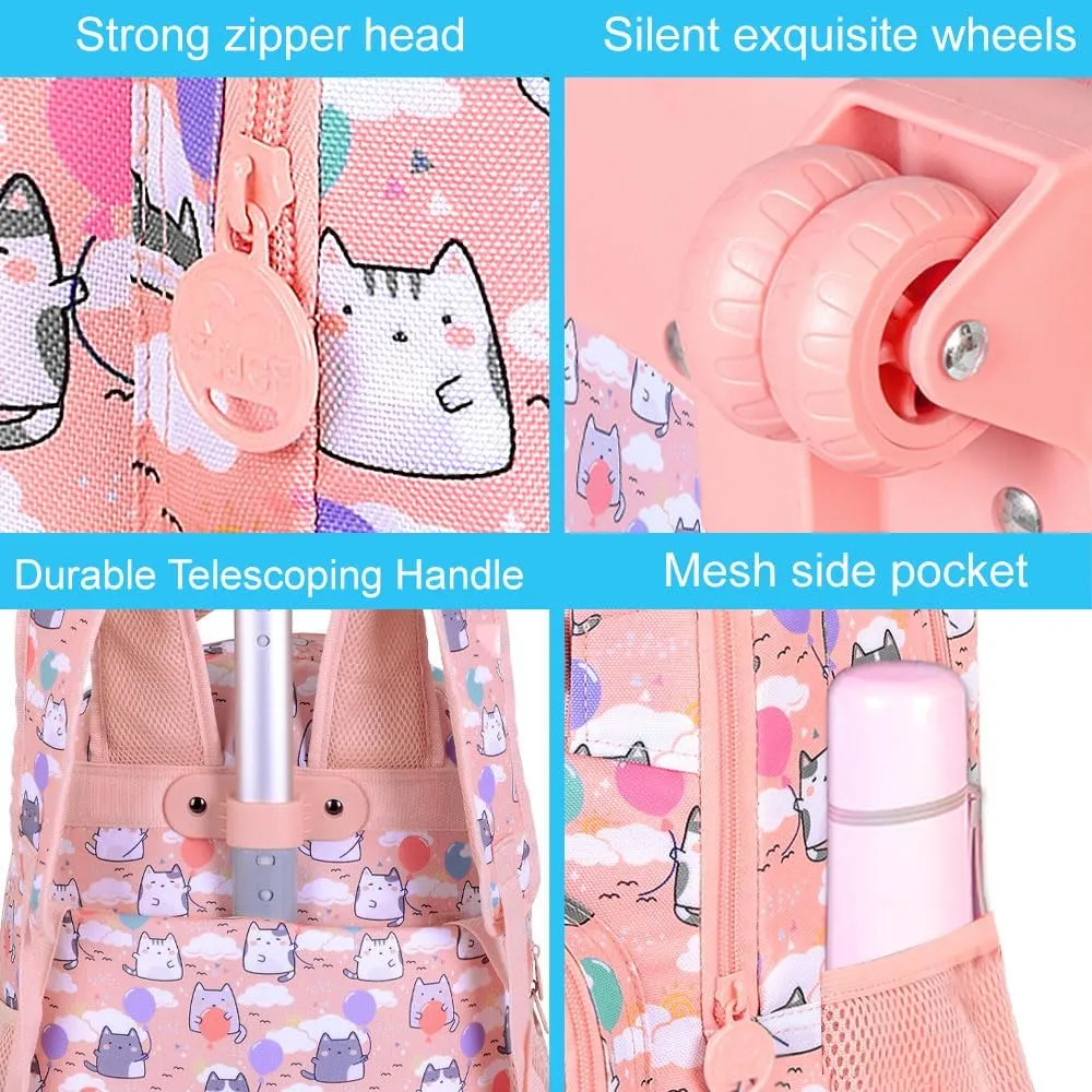 UFNDC 3PCS Girls Rolling Backpack, Women Pink Cloudy Cat Backpacks with Wheels，Water-Resistant Travel Roller Wheeled Bookbag