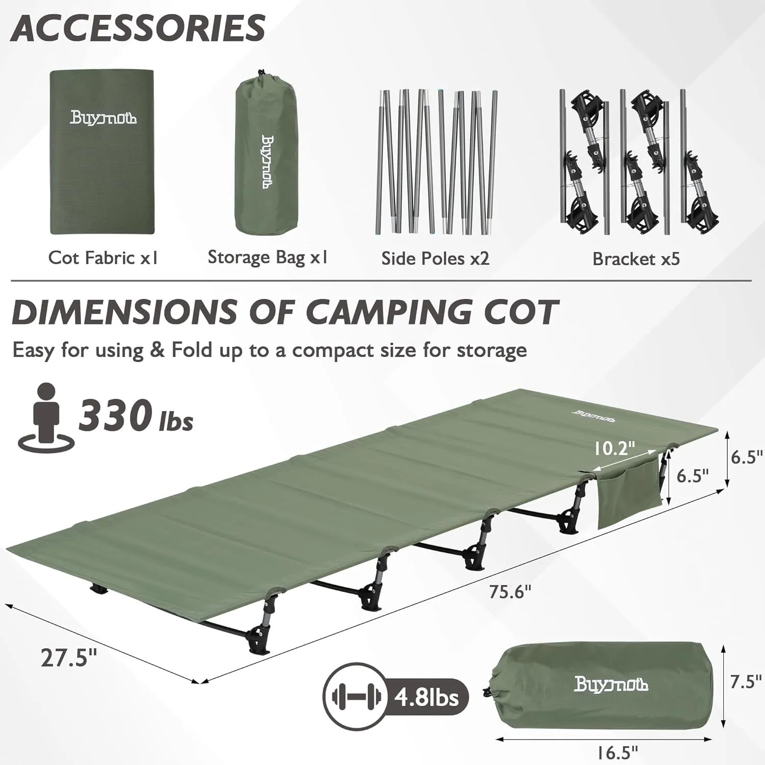 Ultralight Folding Tent Camping Cot Bed Lightweight Backpacking Cot Without Tools Hiking Cot Portable Camping Bed for Adults Camping Hiking, Travel, Home, Army Green