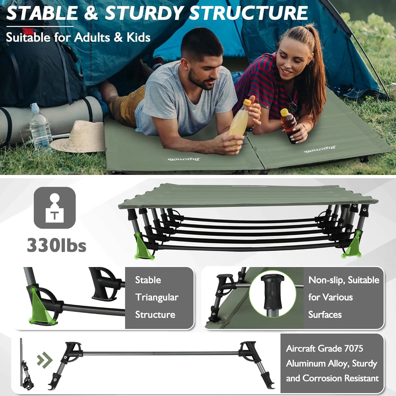 Ultralight Folding Tent Camping Cot Bed Lightweight Backpacking Cot Without Tools Hiking Cot Portable Camping Bed for Adults Camping Hiking, Travel, Home, Army Green
