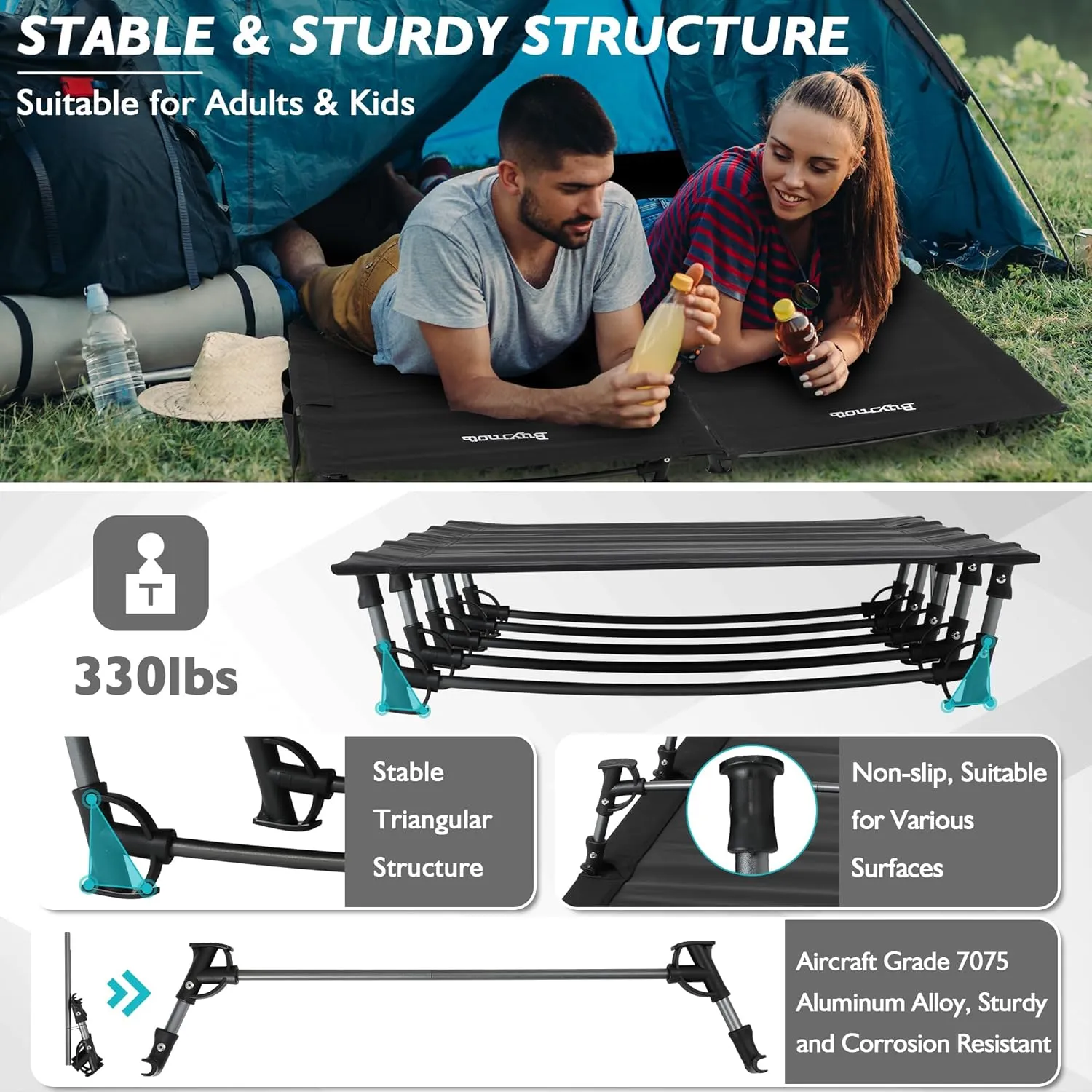 Ultralight Folding Tent Camping Cot Bed Lightweight Backpacking Cot Without Tools Hiking Cot Portable Camping Bed for Adults Camping Hiking, Travel, Home, Black