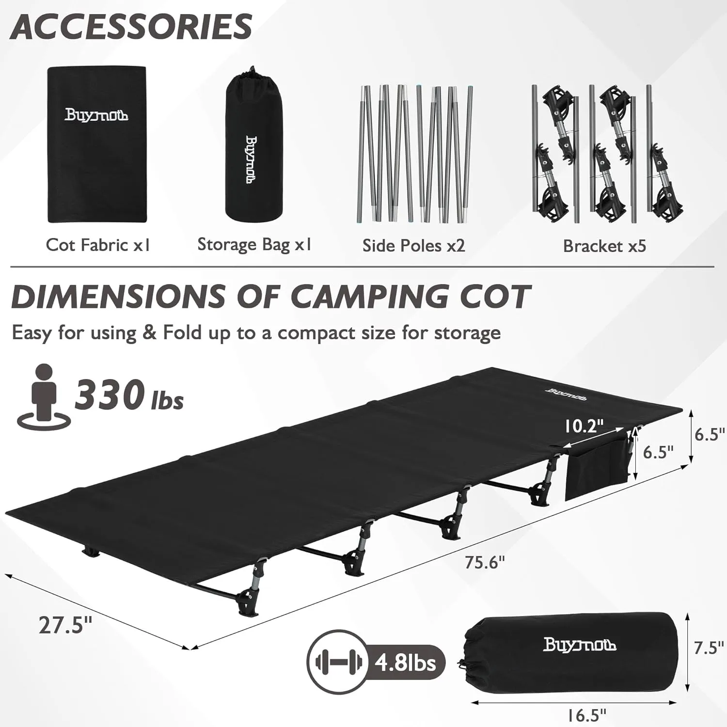 Ultralight Folding Tent Camping Cot Bed Lightweight Backpacking Cot Without Tools Hiking Cot Portable Camping Bed for Adults Camping Hiking, Travel, Home, Black