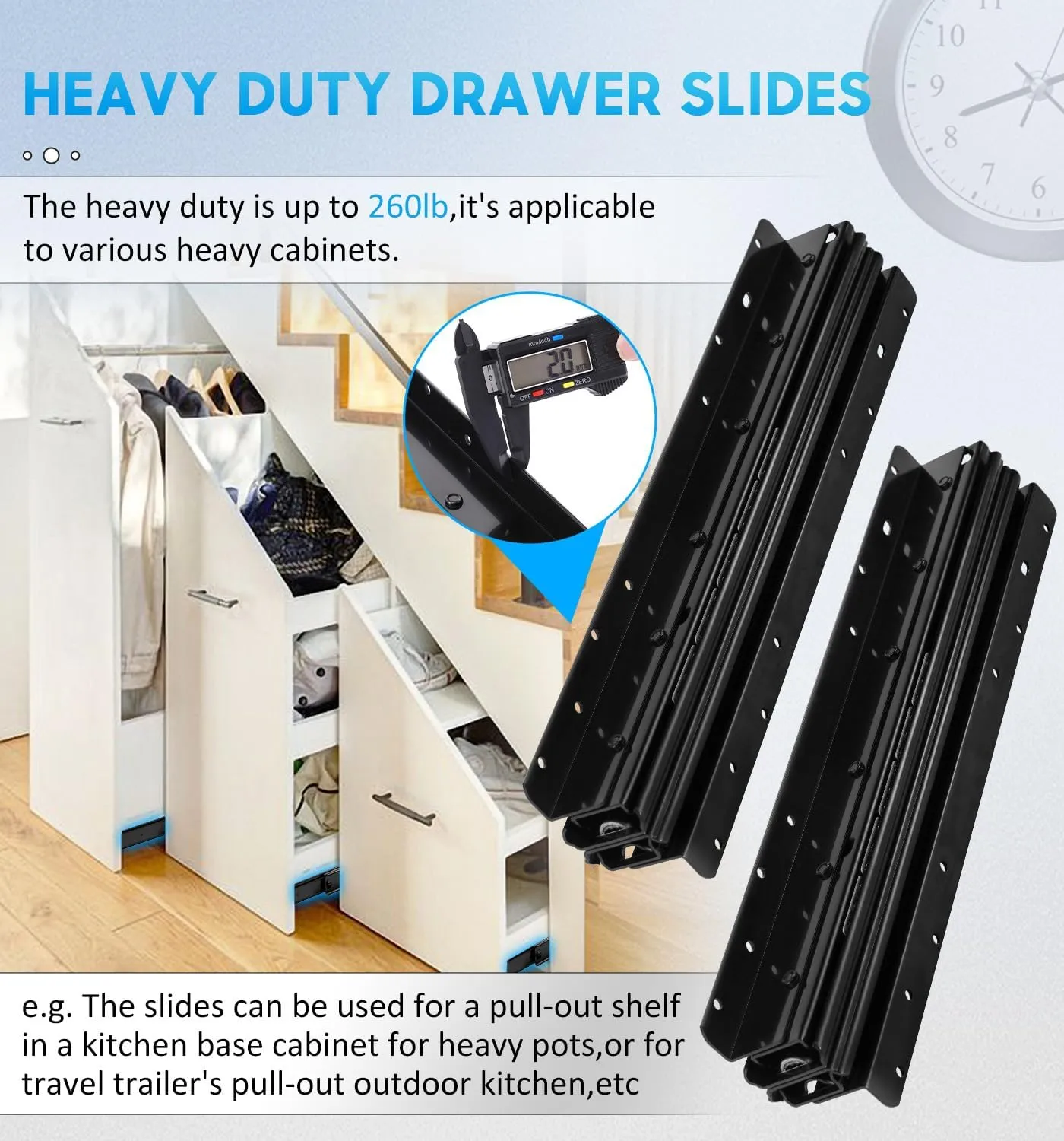 Undermount Heavy Duty Drawer Slides Rail Bottom Mounted Full Extension Hidden Drawer Runners Ball Bearing Glides Staircase Cupboard Cabinet Wardrobe 16 24 32 40 Inch (loads up to 260 lbs)1 Pair