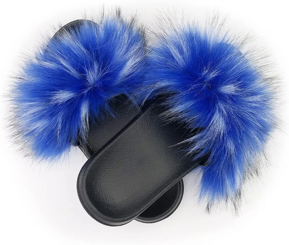 Unpafcxddyig Women's Fur Slide Slipper Open Toe Sandal with Soft Furry Faux Fox Fur House Outdoor Slippers